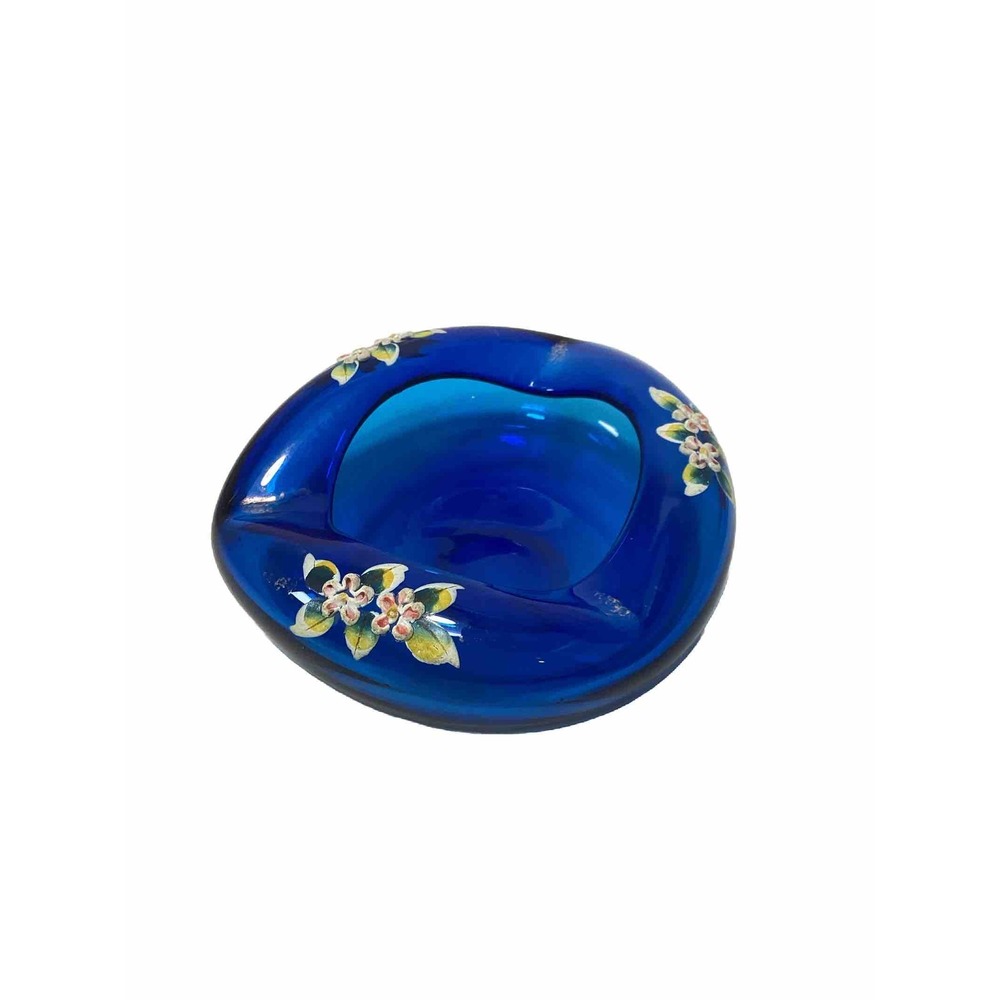 VINTAGE BOHEMIAN COBALT BLUE HAND PAINTED GLASS ASHTRAY OR TRINKET DISH